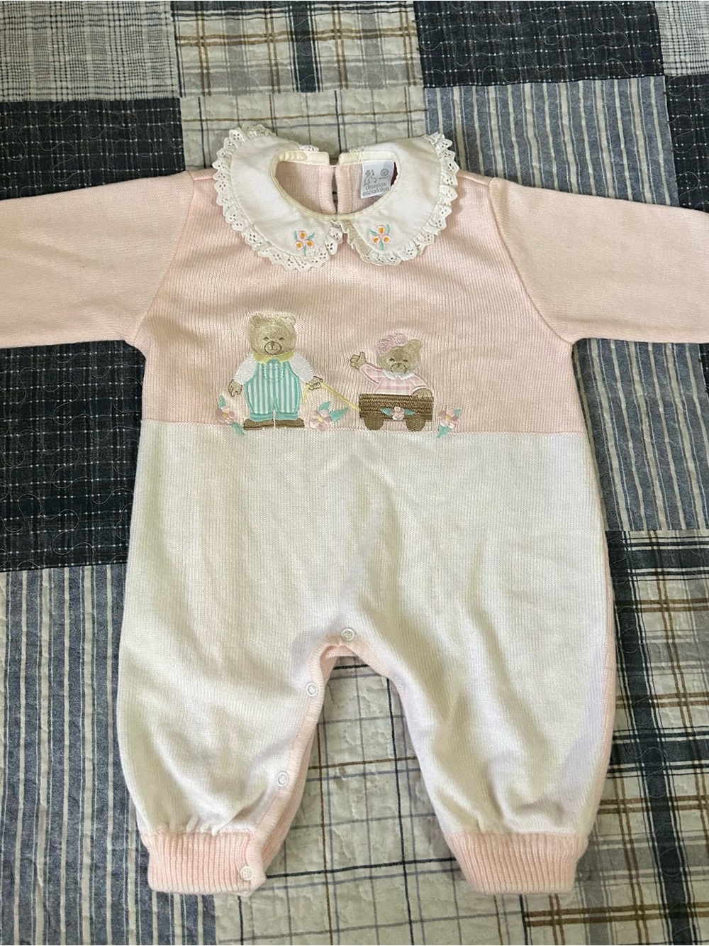 Baby Pink & White Knit Romper with Embroidered Bears and Lace Collar